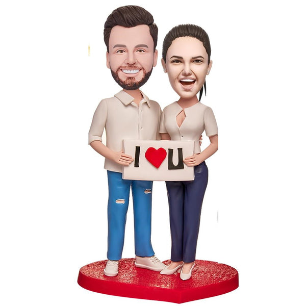 Custom Bobblehead the Couple with the I LOVE U Sign With Engraved Text